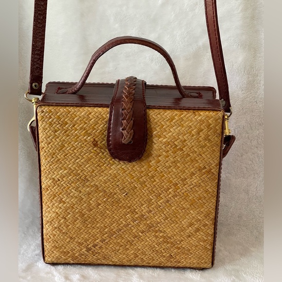 Vintage 70’s leather and bamboo rattan square purse Crossbody adjustable - Picture 5 of 13